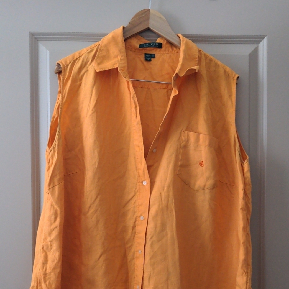 Ralph Lauren Women's Orange Button-Down Sleeveless Shirt - Picture 3 of 8
